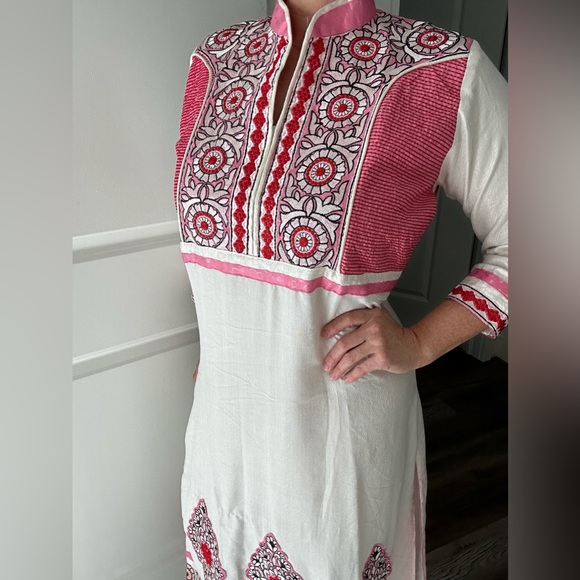 Hand Embroidered Long Cotton Silk Pink and White Dress - Picture 3 of 10